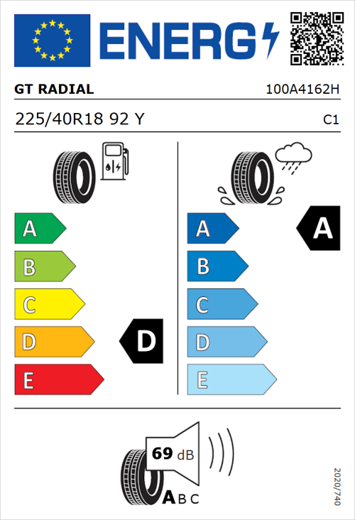Tyre Label for GT Radial SportActive 2 225/40R18 92Y