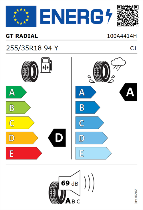 Tyre Label for GT Radial SportActive 2 255/35R18 94Y